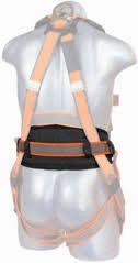 Malta Dynamics Harness Waist Belt with Pad. It has a black piece that rests on your lower back and orange straps that go around your torso and legs.