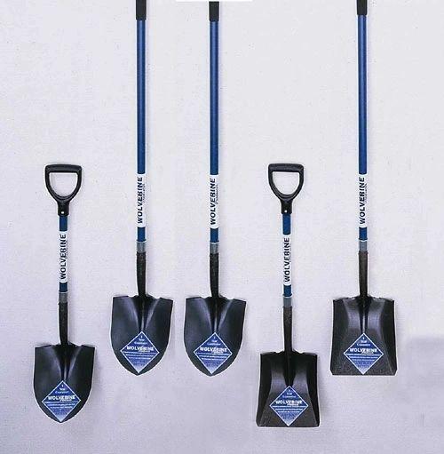Wolverine Fiberglass Handle Tempered Steel Blade. Blue handle and black steel shovel heads. Square shovels and regular pointed shovels.