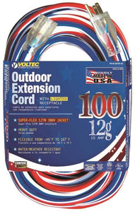 Voltec 100 ft Outdoor Extension Cord 12/3, 12 Gauge Grounded 15 amp with Lighted Receptacle Red White and Blue